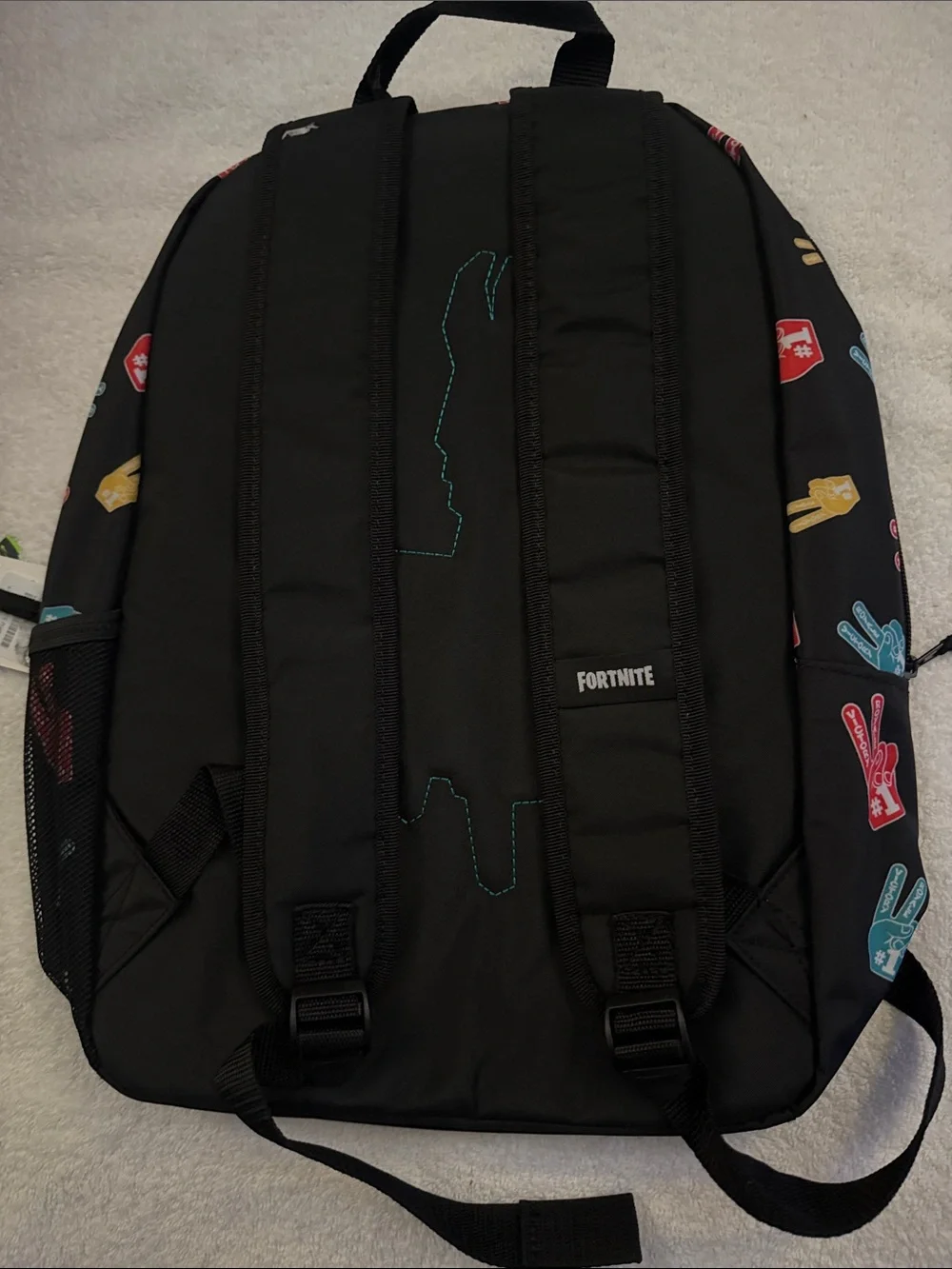 Fortnite Black Backpack with Multi-Color Peace Sign Print. NWT